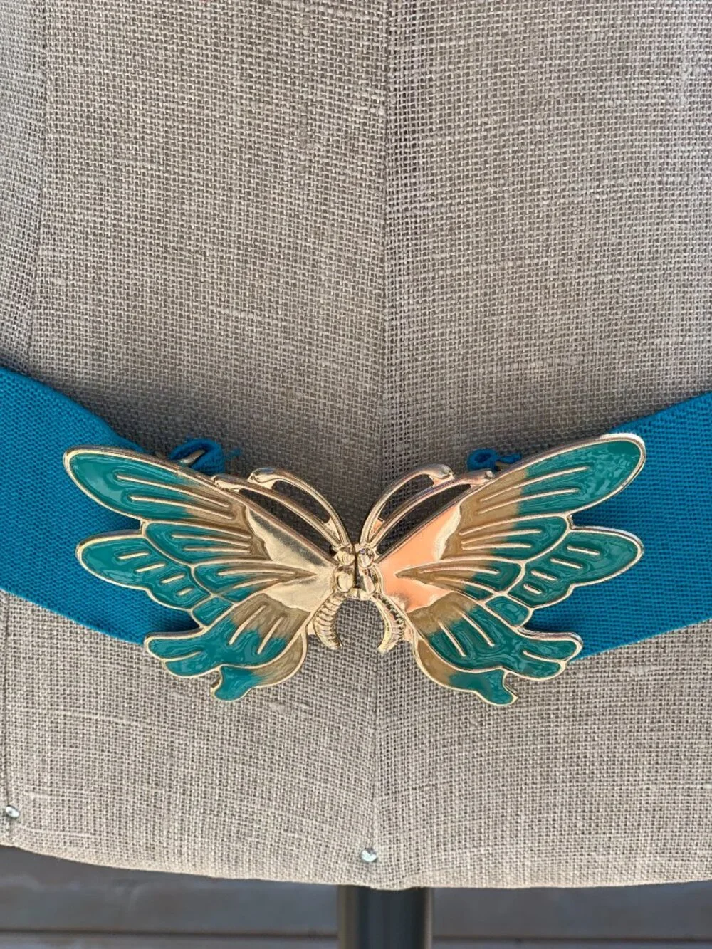 Vintage Wide Statement Cinch Waist Belt M Blue Elastic Gold Butterfly Buckle 90s